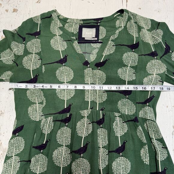 Anthropologie Maeve Devery Green Bird Print Dress XS ASO TV Last Man Standing - Picture 10 of 16